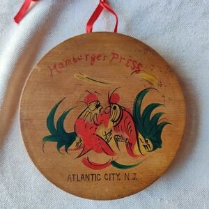 Vintage Atlantic City NJ Hamburger Press Wood Japan Roosters Kitsch Souvenir